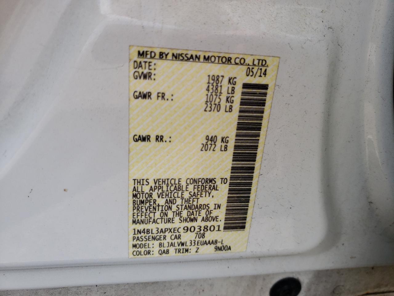 Photo 10 from auction – 2014 NISSAN ALTIMA 3.5 with VIN 1N4BL3APXEC903801
