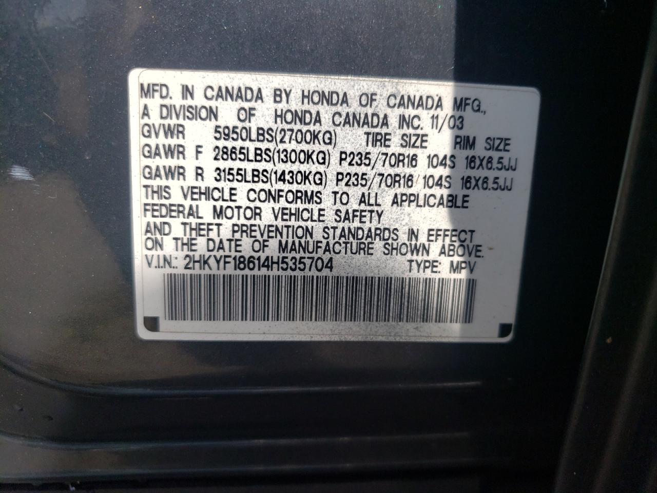 Photo 10 from auction – 2004 HONDA PILOT EXL with VIN 2HKYF18614H535704