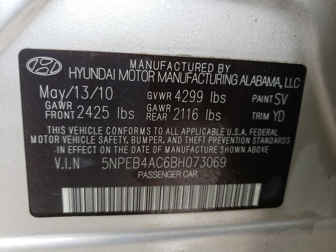 Photo 10 from auction – 2011 HYUNDAI SONATA GLS with VIN 5NPEB4AC6BH073069