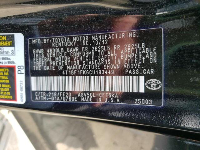 Фото 10 с аукциона – 2012 TOYOTA CAMRY BASE с VIN 4T1BF1FK6CU183449