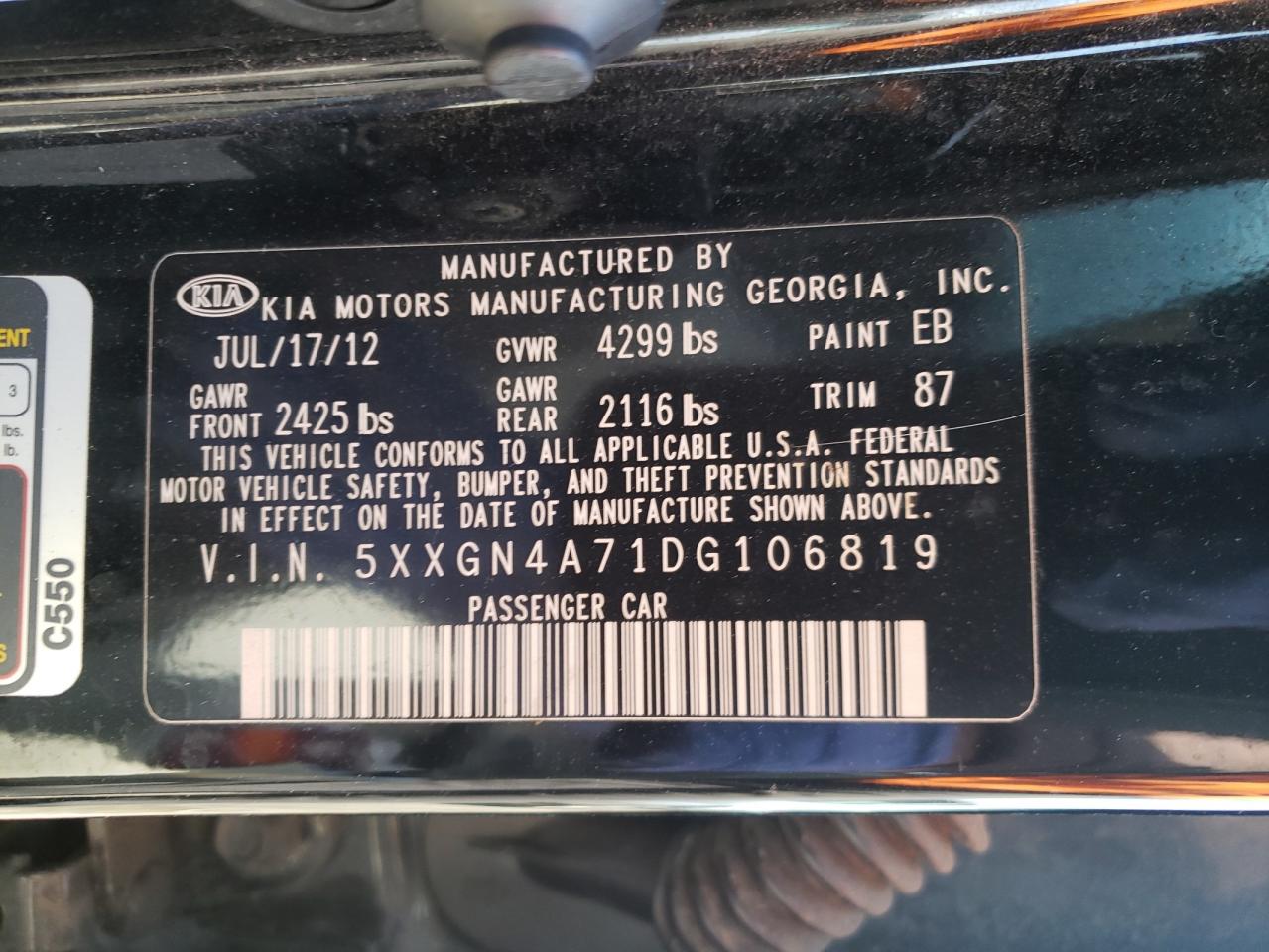 Photo 10 from auction – 2013 KIA OPTIMA EX with VIN 5XXGN4A71DG106819