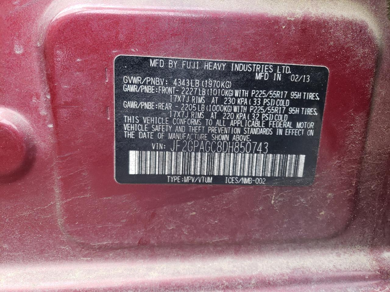 Photo 10 from auction – 2013 SUBARU XV CROSSTR with VIN JF2GPAGC8DH850743