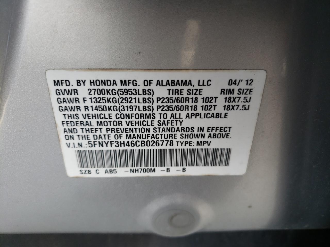 Photo 10 from auction – 2012 HONDA PILOT EX with VIN 5FNYF3H46CB026778