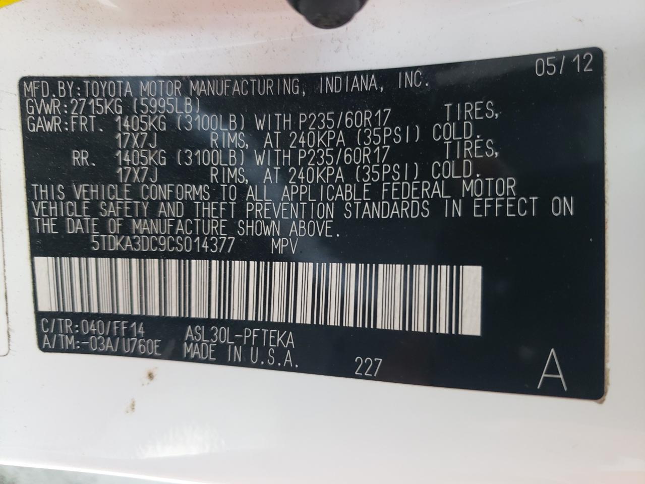 Photo 10 from auction – 2012 TOYOTA SIENNA BAS with VIN 5TDKA3DC9CS014377
