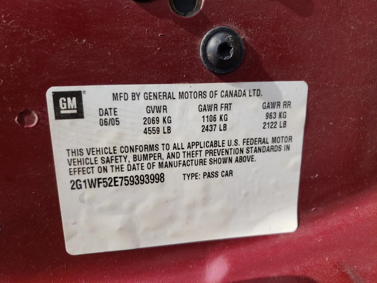 Photo 10 from auction – 2005 CHEVROLET IMPALA with VIN 2G1WF52E759393998