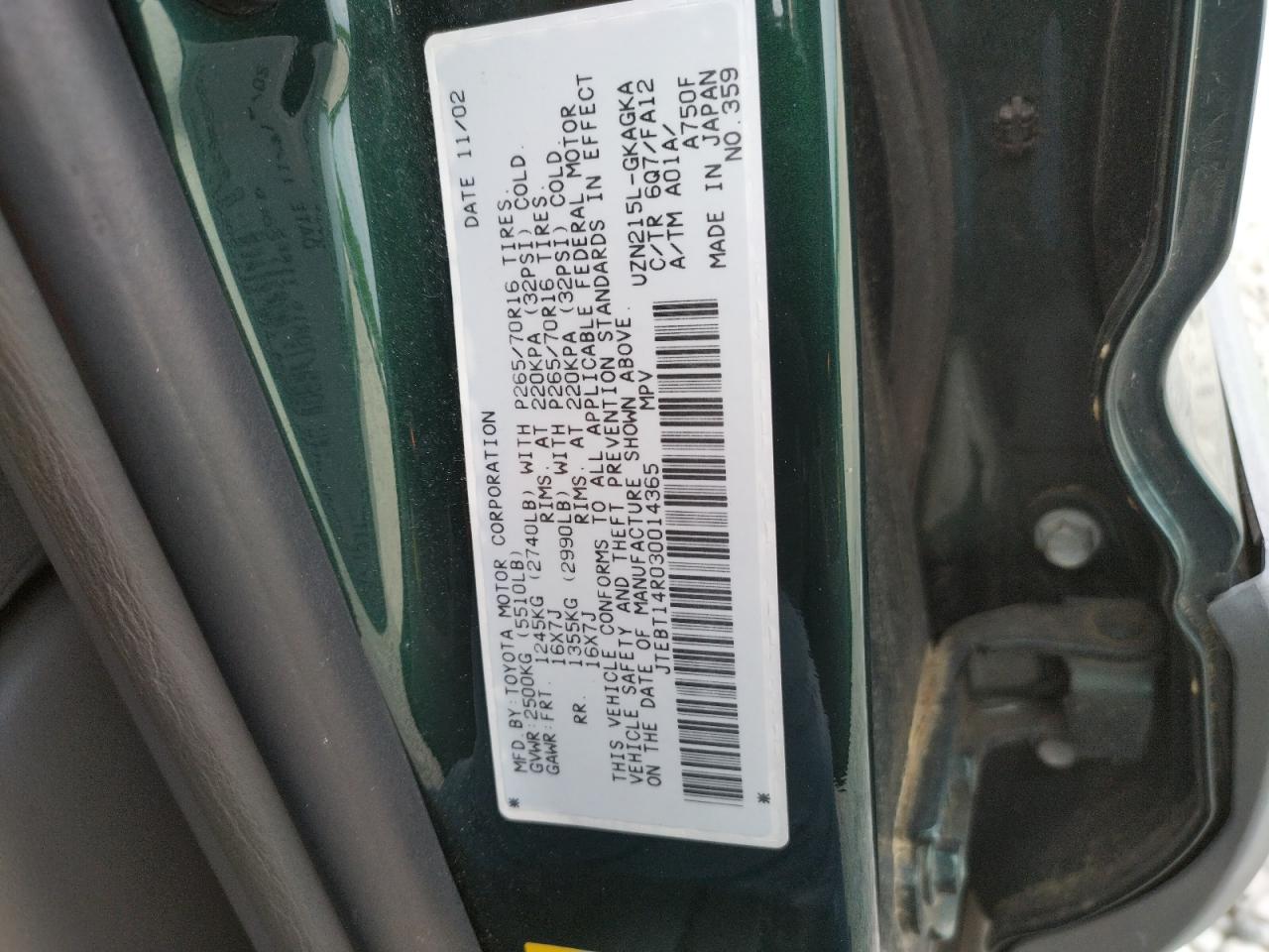 Photo 10 from auction – 2003 TOYOTA 4RUNNER SR with VIN JTEBT14R030014365