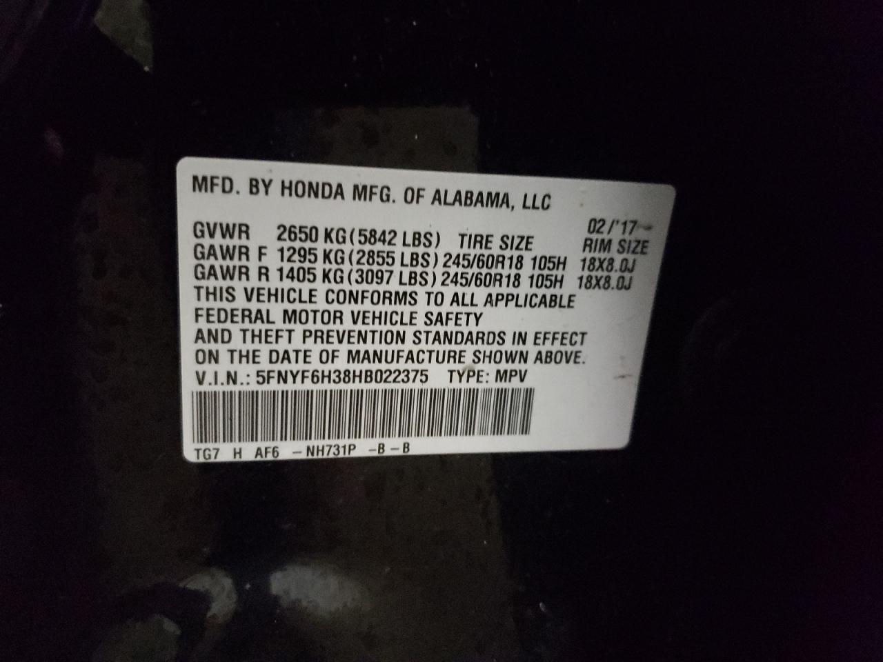 Photo 10 from auction – 2017 HONDA PILOT EX with VIN 5FNYF6H38HB022375