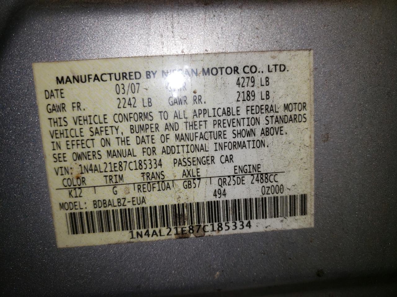 Photo 10 from auction – 2007 NISSAN ALTIMA 2.5 with VIN 1N4AL21E87C185334