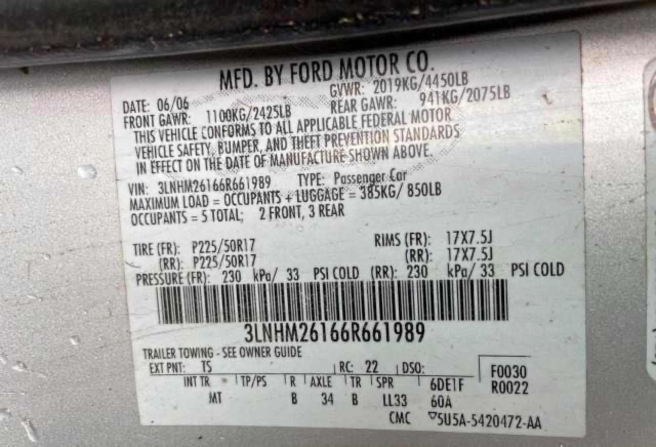 Photo 10 from auction – 2006 LINCOLN ZEPHYR with VIN 3LNHM26166R661989