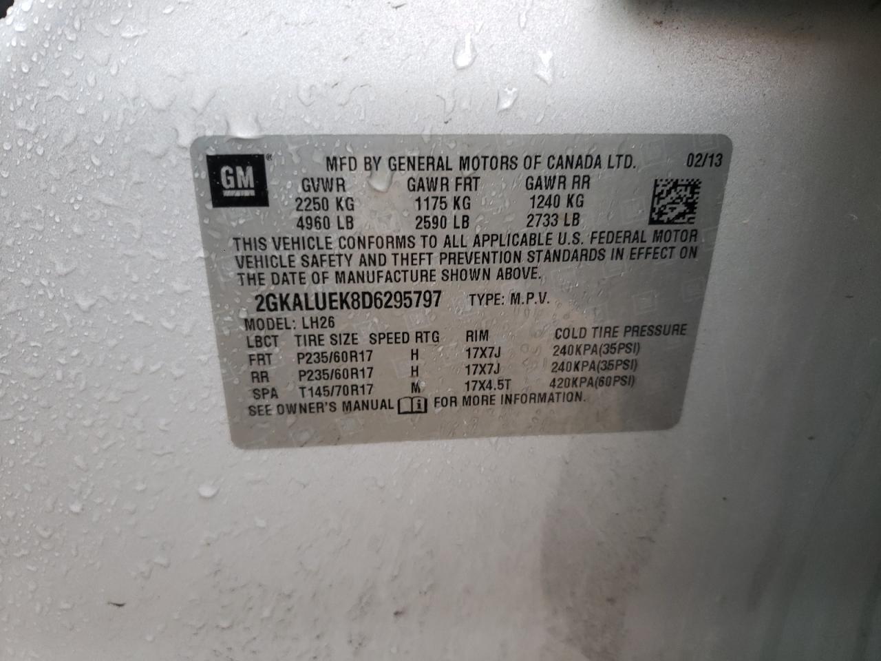 Photo 10 from auction – 2013 GMC TERRAIN SL with VIN 2GKALUEK8D6295797