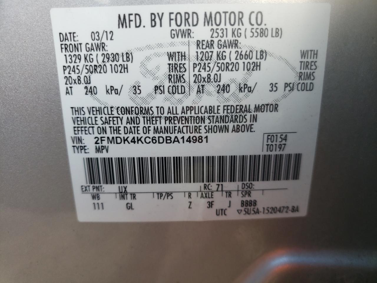 Photo 10 from auction – 2013 FORD EDGE LIMIT with VIN 2FMDK4KC6DBA14981