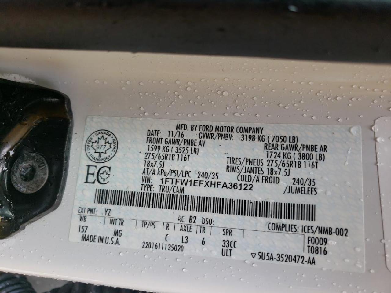 Photo 10 from auction – 2017 FORD F150 SUPER with VIN 1FTFW1EFXHFA36122