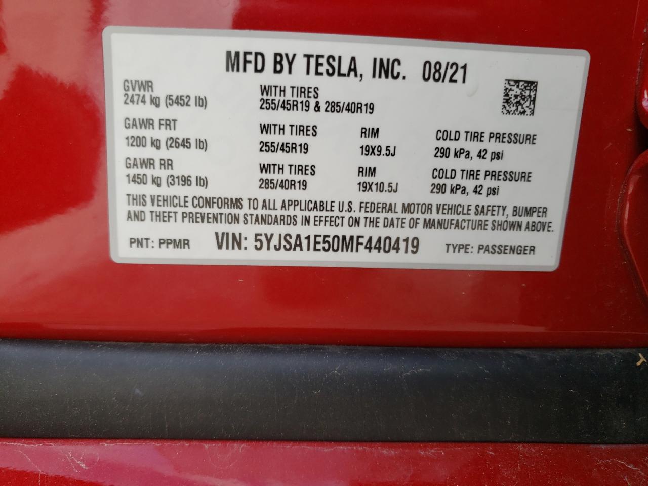 Photo 10 from auction – 2021 TESLA MODEL S with VIN 5YJSA1E50MF440419