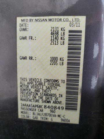 Photo 10 from auction – 2011 NISSAN MAXIMA S with VIN 1N4AA5AP6BC840849