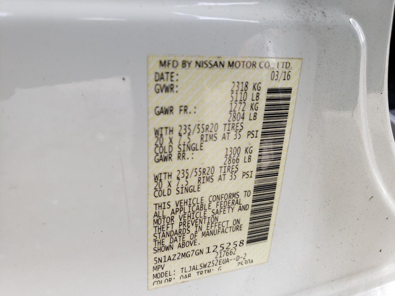 Photo 10 from auction – 2016 NISSAN MURANO S with VIN 5N1AZ2MG7GN125258