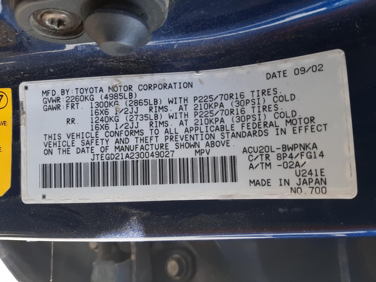 Photo 10 from auction – 2003 TOYOTA HIGHLANDER with VIN JTEGD21A230049027