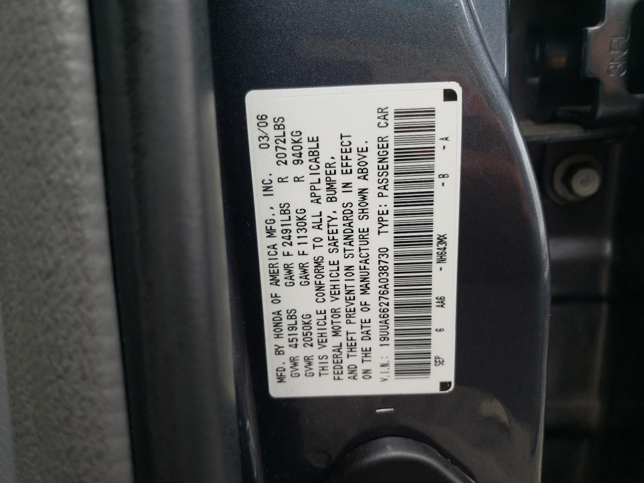 Photo 10 from auction – 2006 ACURA 3.2TL with VIN 19UUA66276A038730