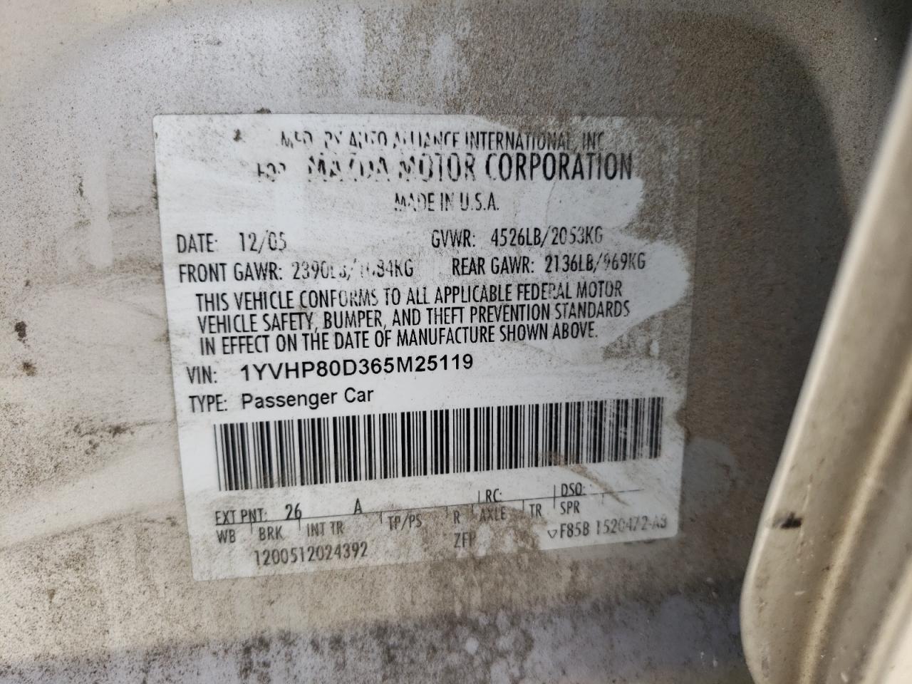 Photo 10 from auction – 2006 MAZDA 6 S with VIN 1YVHP80D365M25119