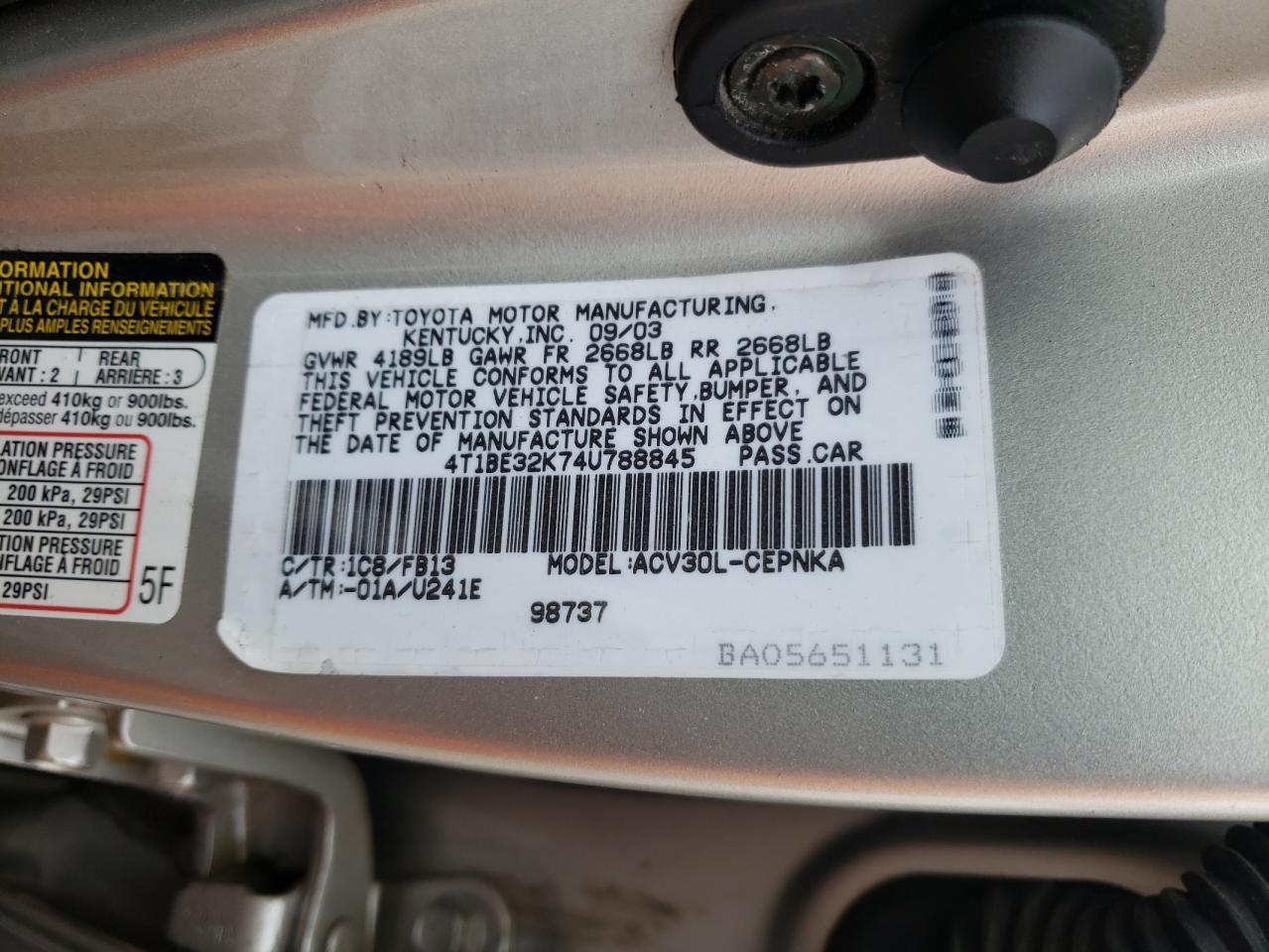 Photo 10 from auction – 2004 TOYOTA CAMRY LE with VIN 4T1BE32K74U788845