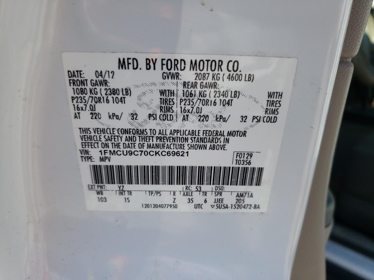 Photo 10 from auction – 2012 FORD ESCAPE XLS with VIN 1FMCU9C70CKC69621