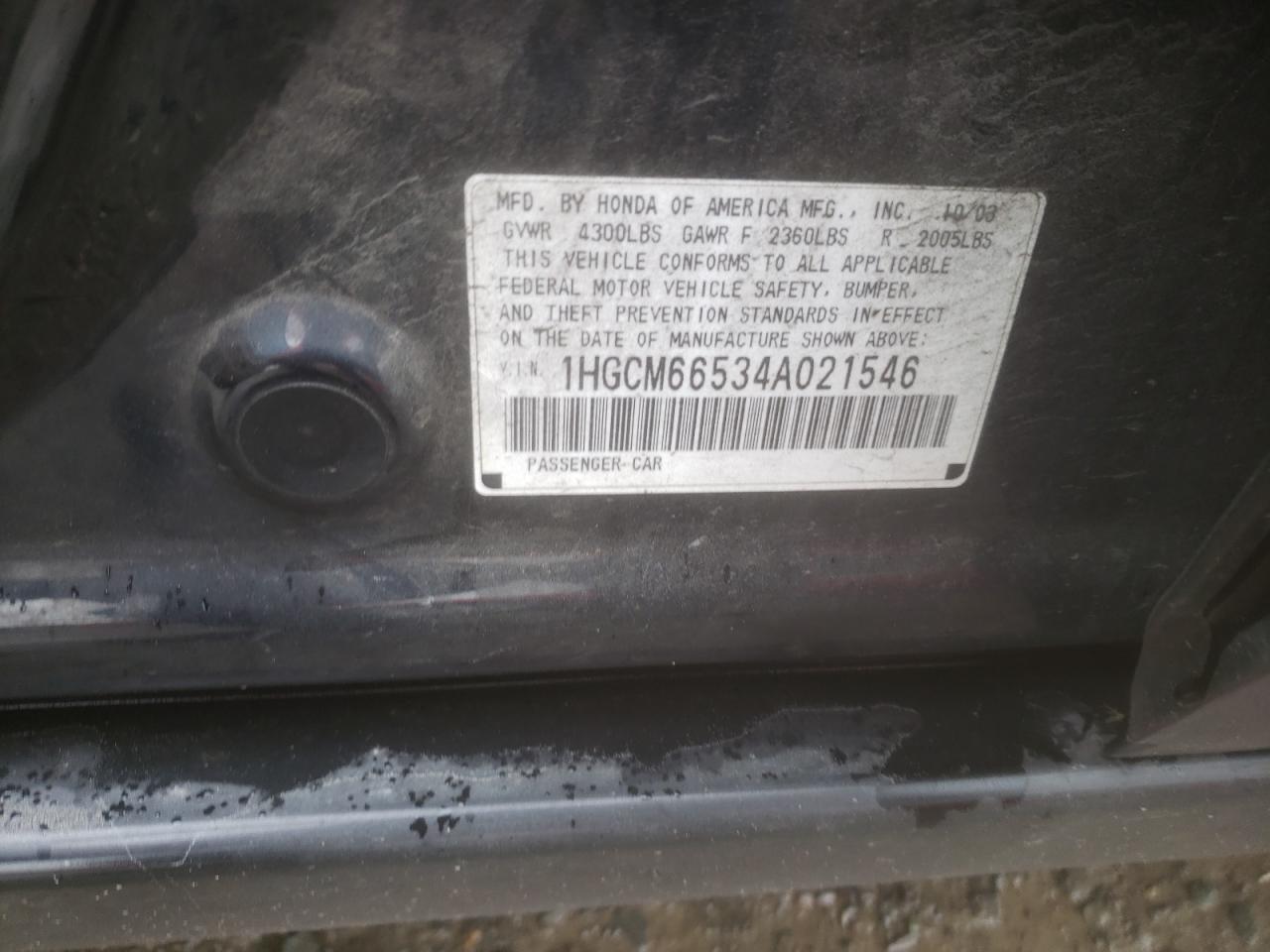 Photo 10 from auction – 2004 HONDA ACCORD EX with VIN 1HGCM66534A021546