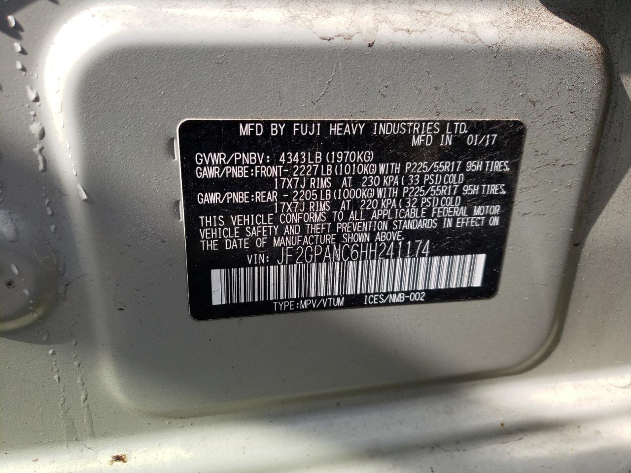 Photo 10 from auction – 2017 SUBARU CROSSTREK with VIN JF2GPANC6HH241174