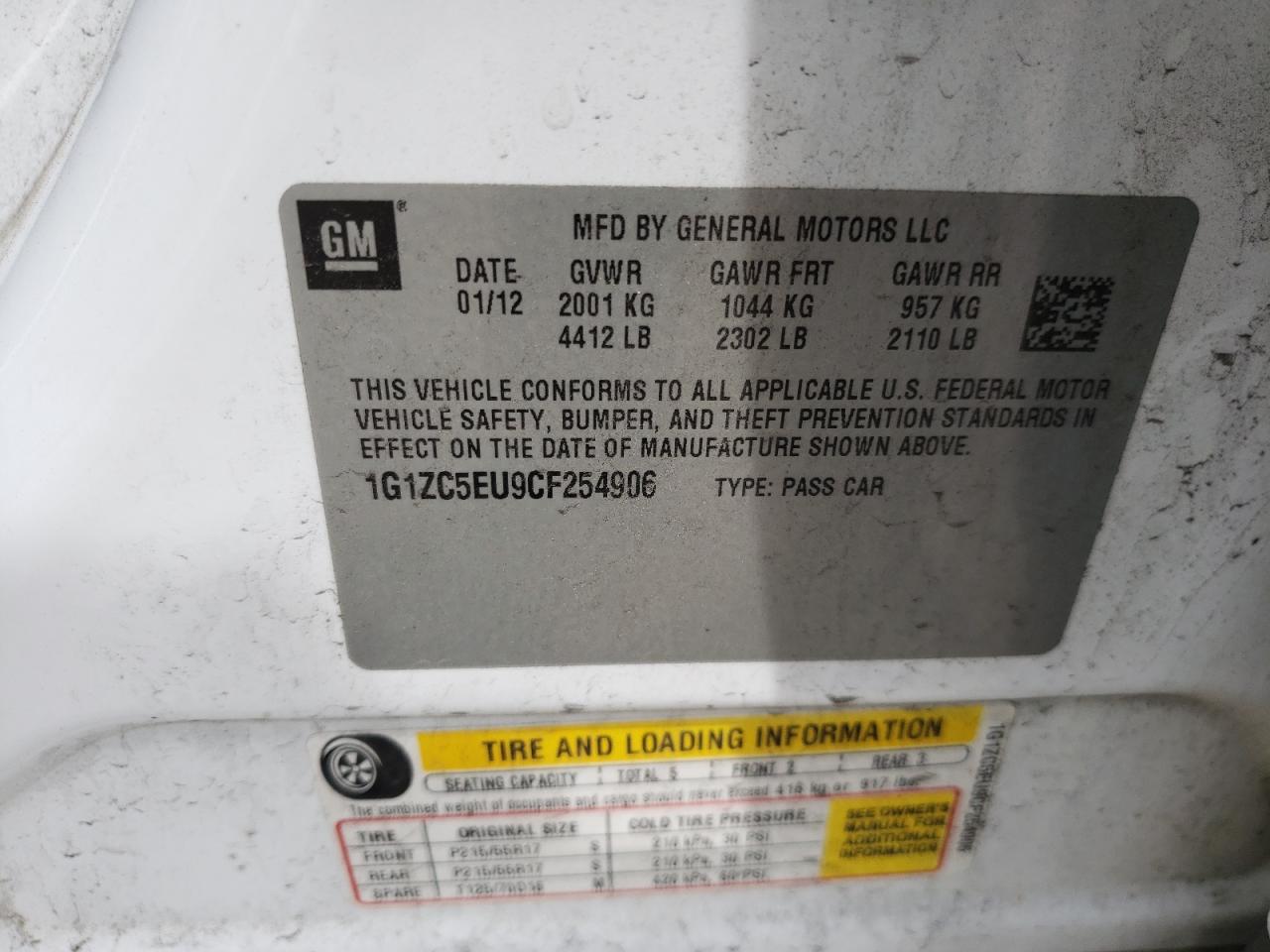 Photo 10 from auction – 2012 CHEVROLET MALIBU 1LT with VIN 1G1ZC5EU9CF254906