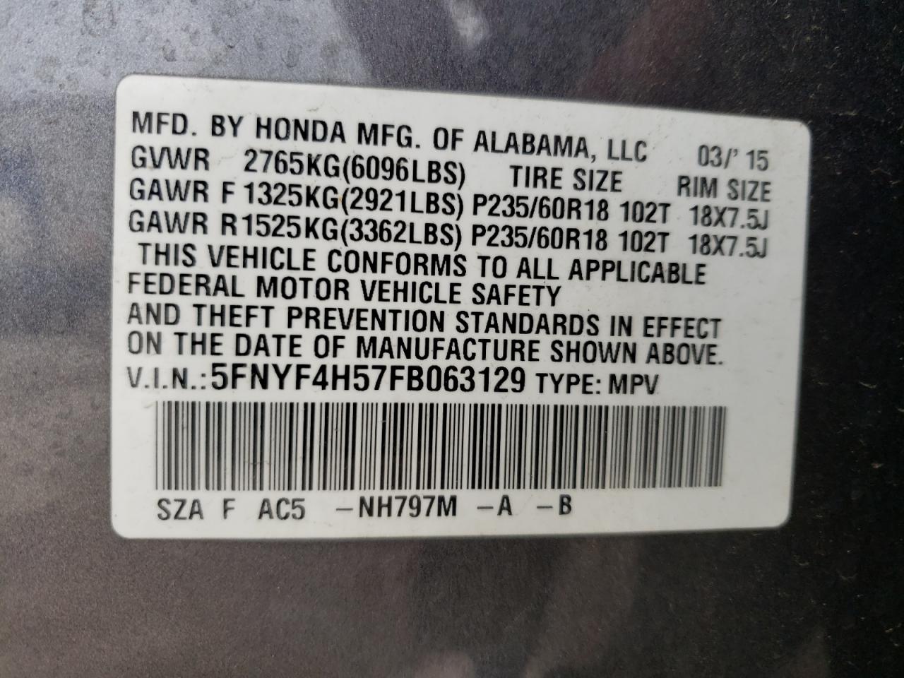 Photo 10 from auction – 2015 HONDA PILOT EXL with VIN 5FNYF4H57FB063129
