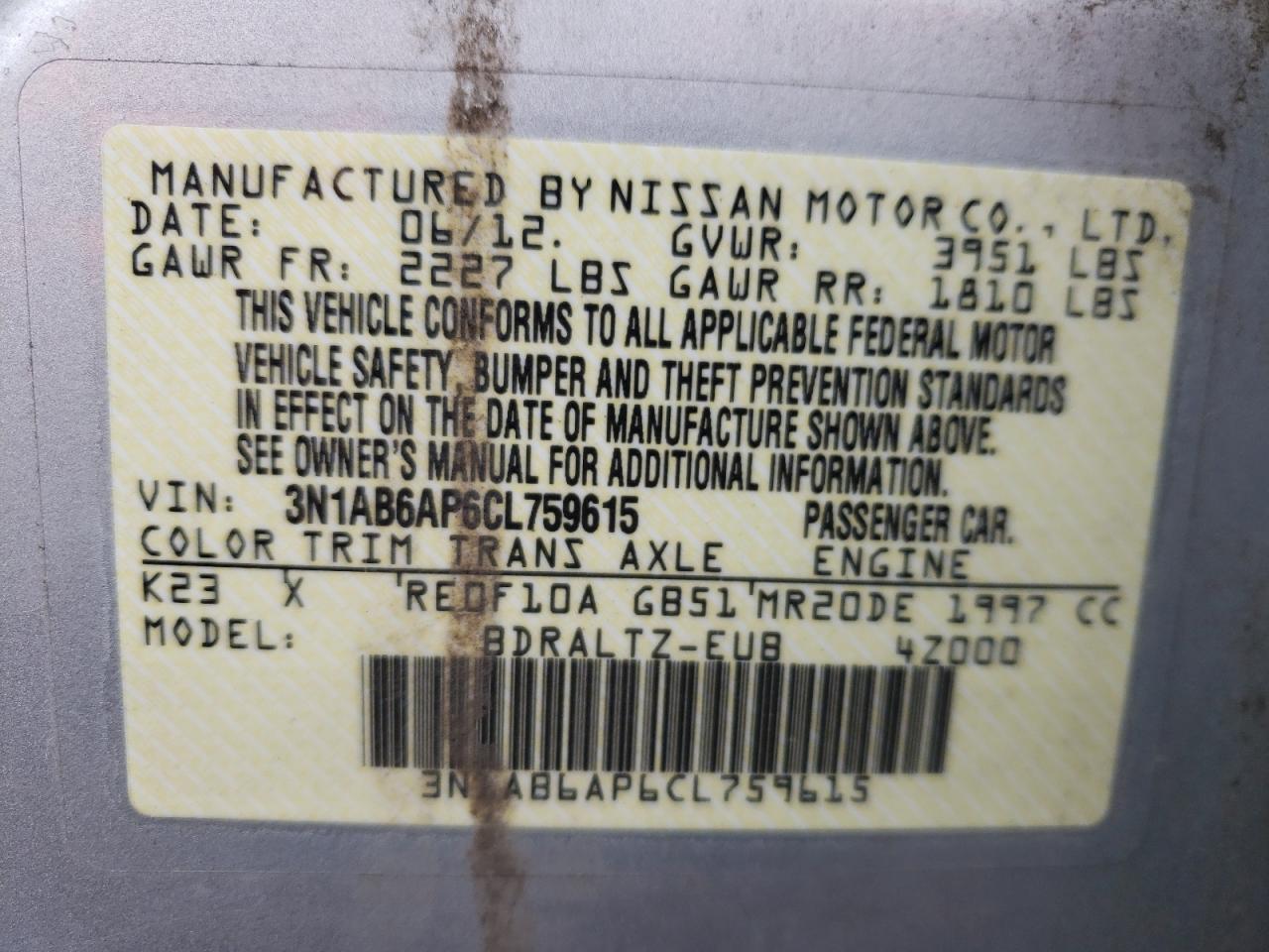 Photo 10 from auction – 2012 NISSAN SENTRA 2.0 with VIN 3N1AB6AP6CL759615