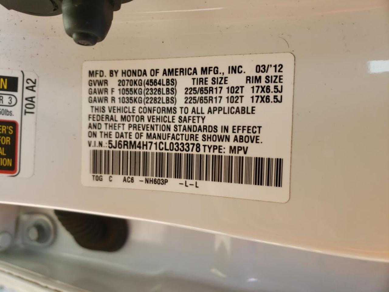 Photo 10 from auction – 2012 HONDA CR-V EXL with VIN 5J6RM4H71CL033378