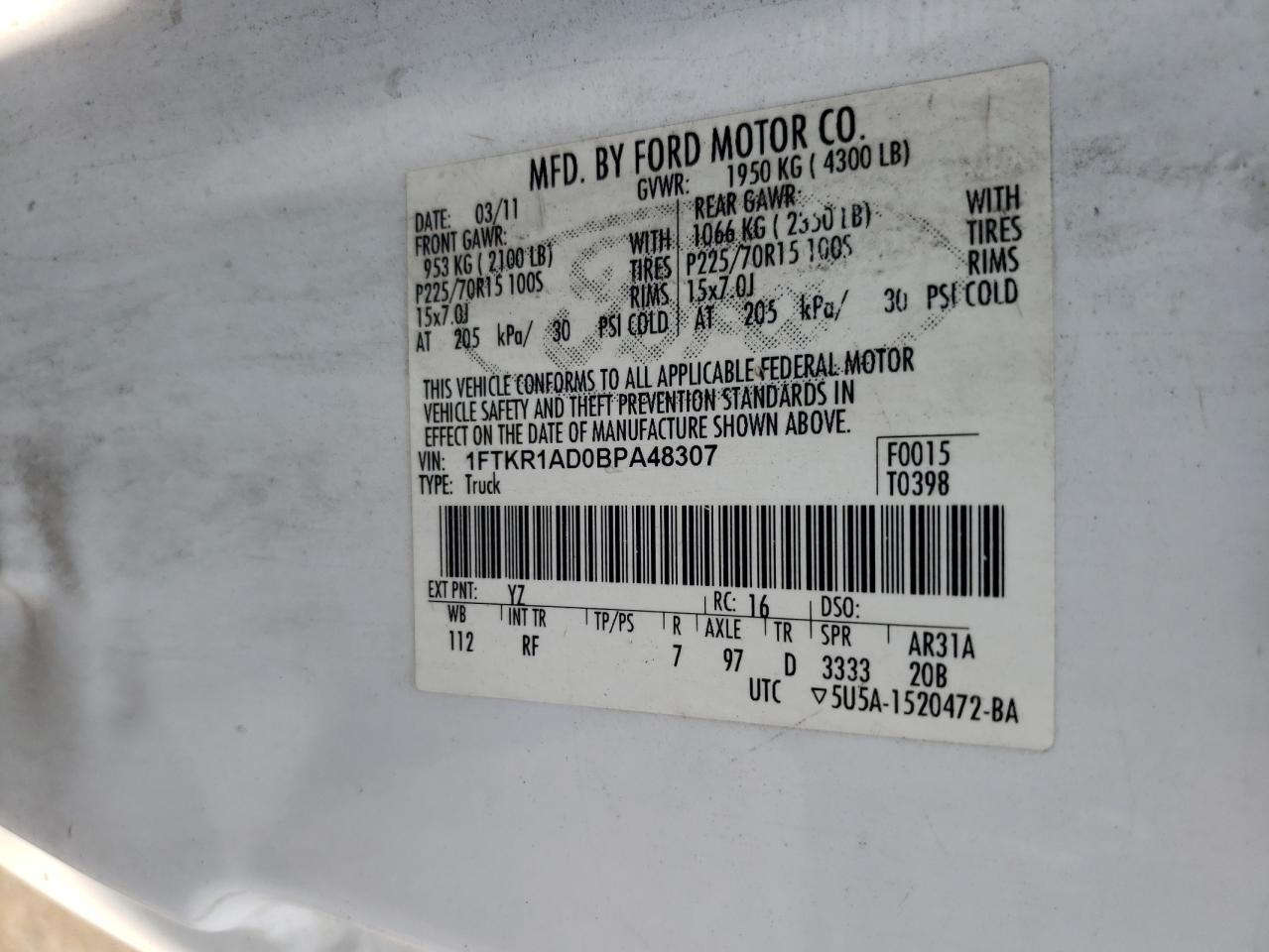 Photo 10 from auction – 2011 FORD RANGER with VIN 1FTKR1AD0BPA48307
