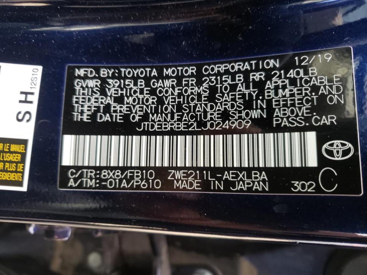 Photo 10 from auction – 2020 TOYOTA COROLLA LE with VIN JTDEBRBE2LJ024909