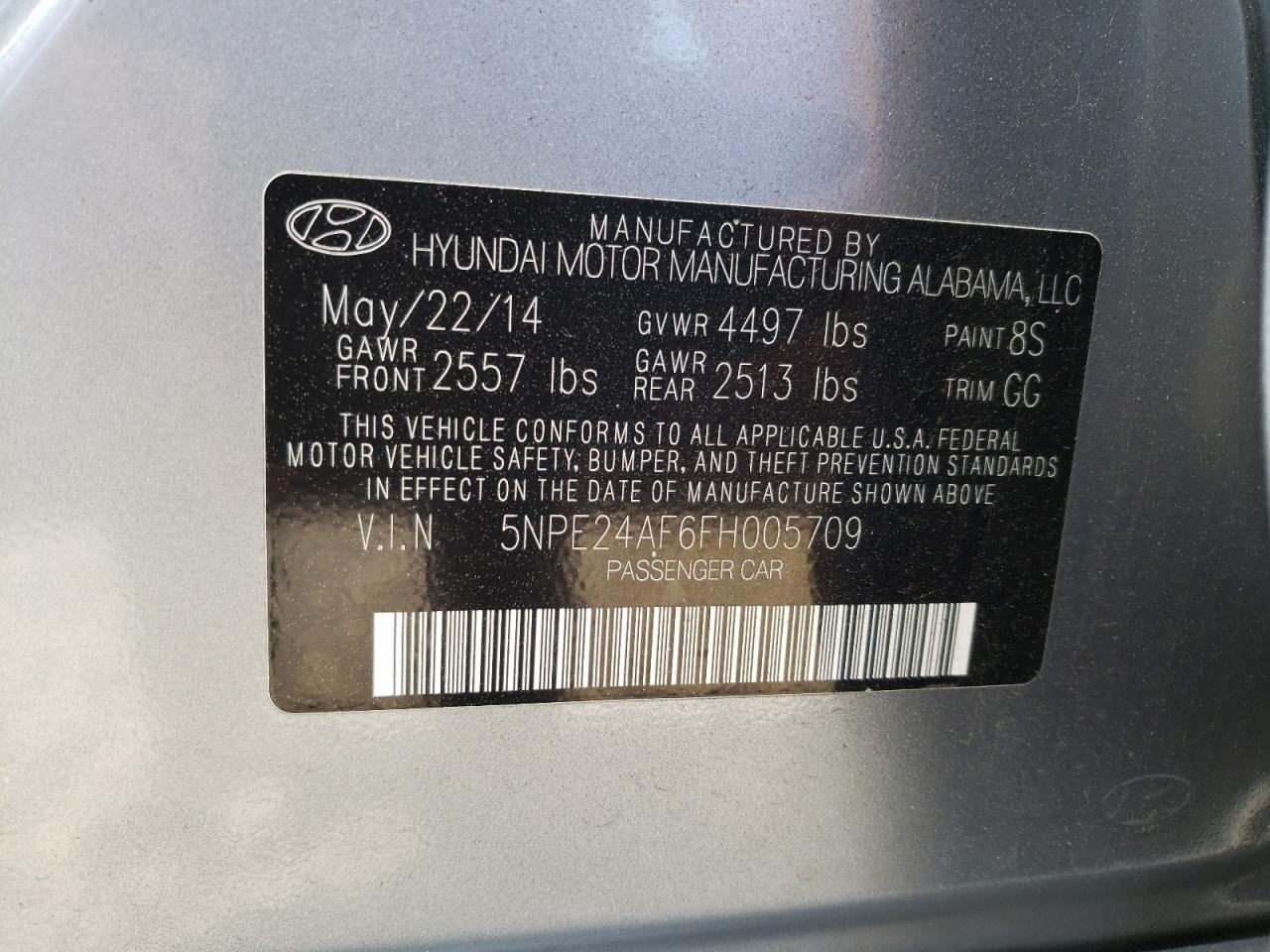 Photo 11 from auction – 2015 HYUNDAI SONATA SE with VIN 5NPE24AF6FH005709