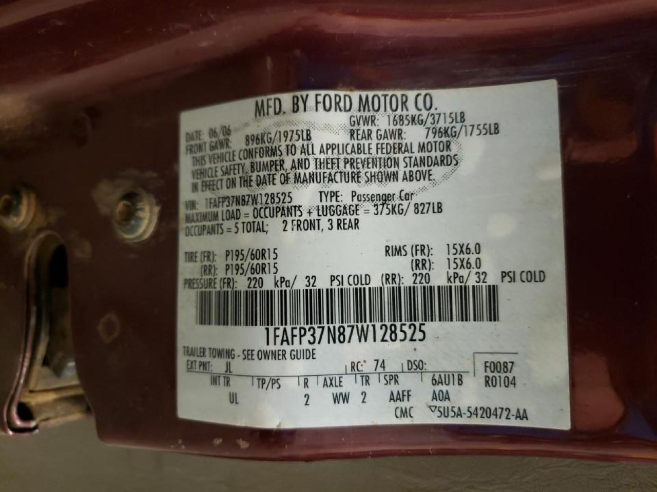 Photo 10 from auction – 2007 FORD FOCUS SE with VIN 1FAFP37N87W128525