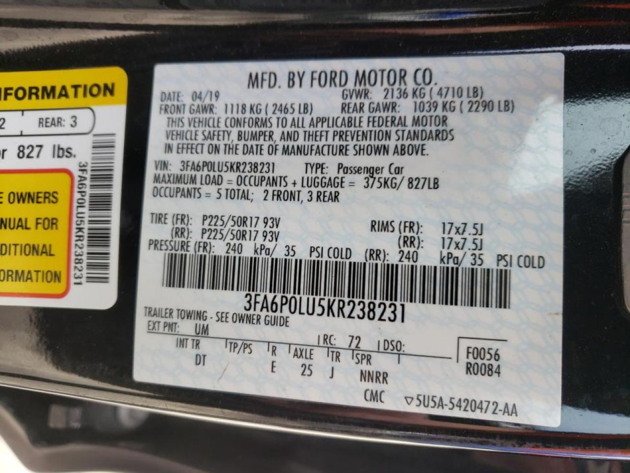 Photo 10 from auction – 2019 FORD FUSION SE with VIN 3FA6P0LU5KR238231