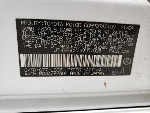 Photo 10 from auction – 2010 LEXUS IS with VIN JTHBF5C22A2097028