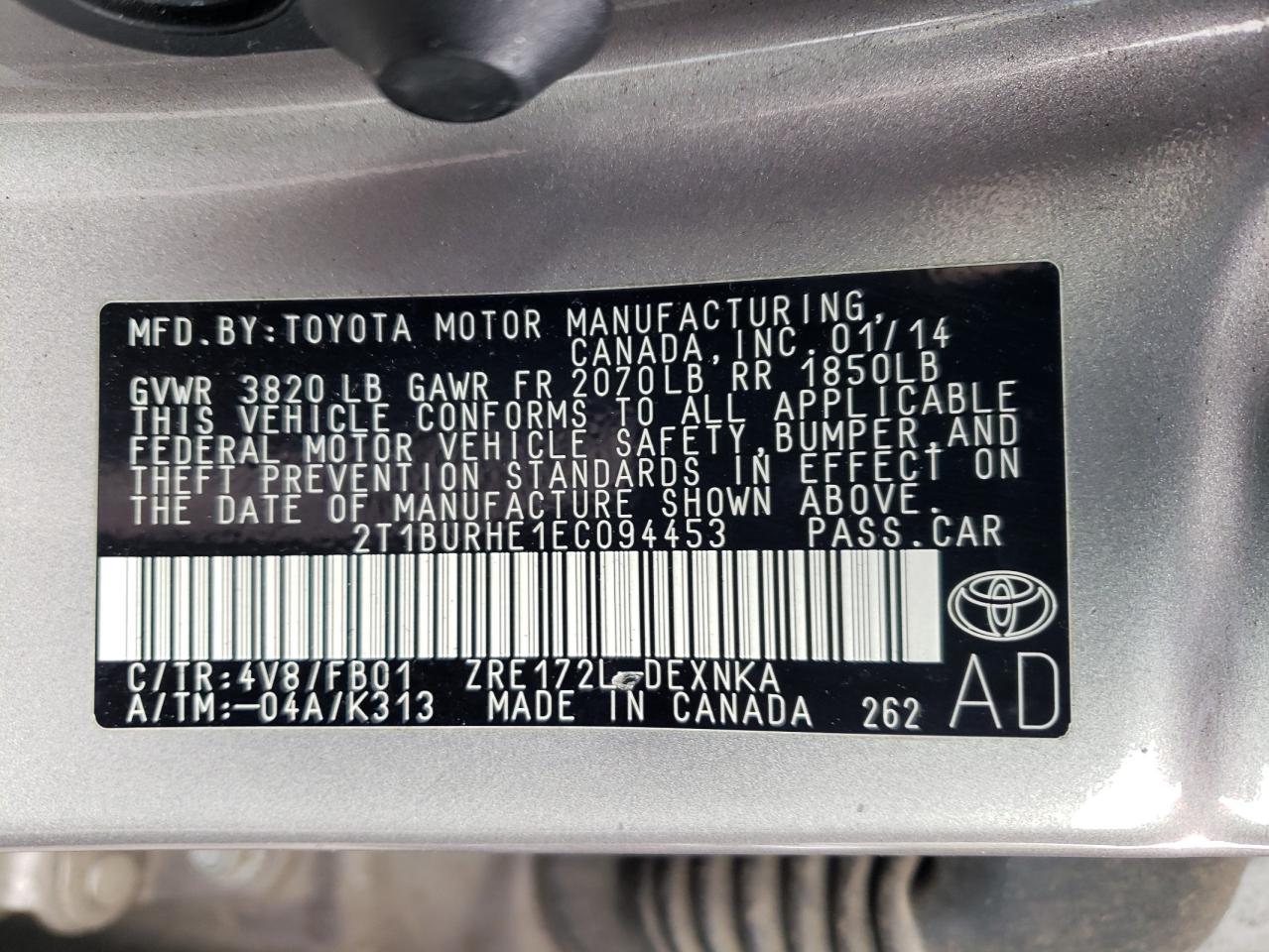 Photo 10 from auction – 2014 TOYOTA COROLLA L with VIN 2T1BURHE1EC094453