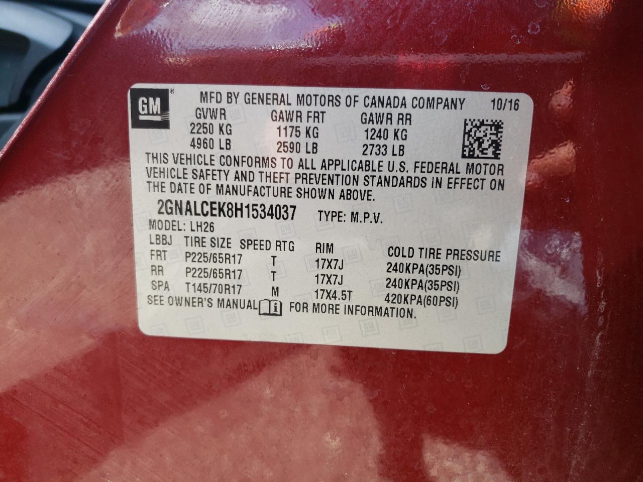 Photo 10 from auction – 2017 CHEVROLET EQUINOX LT with VIN 2GNALCEK8H1534037