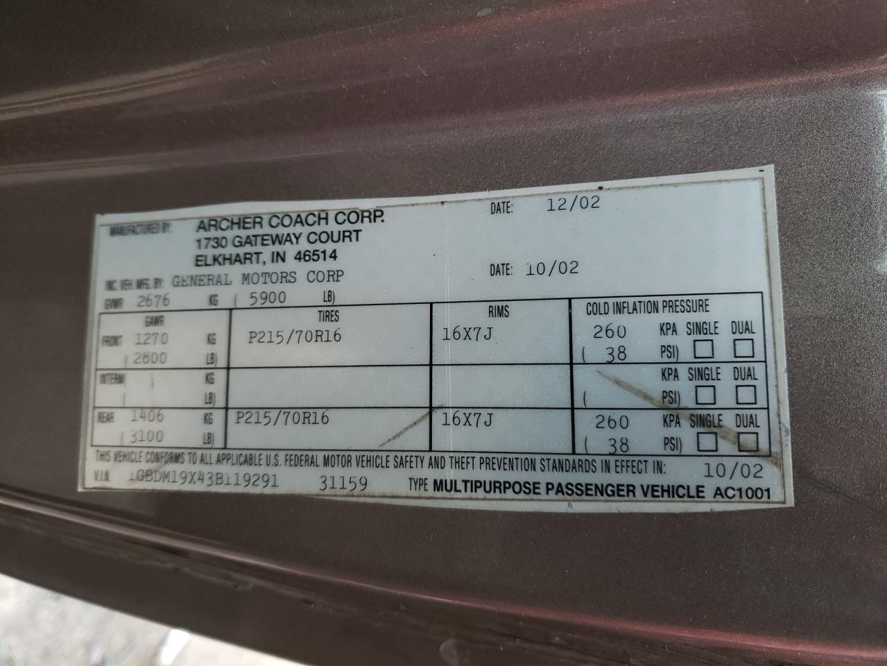 Zdjęcie 10 z aukcji – 2003 CHEVROLET ASTRO z VIN 1GBDM19X43B119291