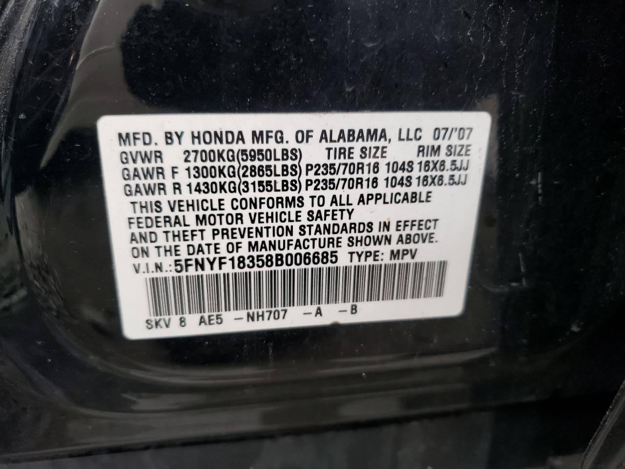 Photo 10 from auction – 2008 HONDA PILOT SE with VIN 5FNYF18358B006685