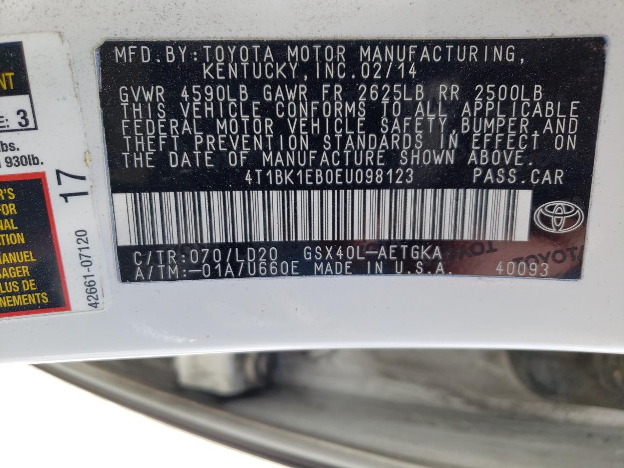 Photo 10 from auction – 2014 TOYOTA AVALON BAS with VIN 4T1BK1EB0EU098123