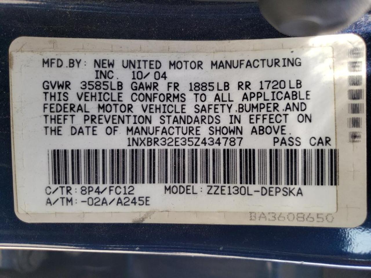 Photo 10 from auction – 2005 TOYOTA COROLLA CE with VIN 1NXBR32E35Z434787