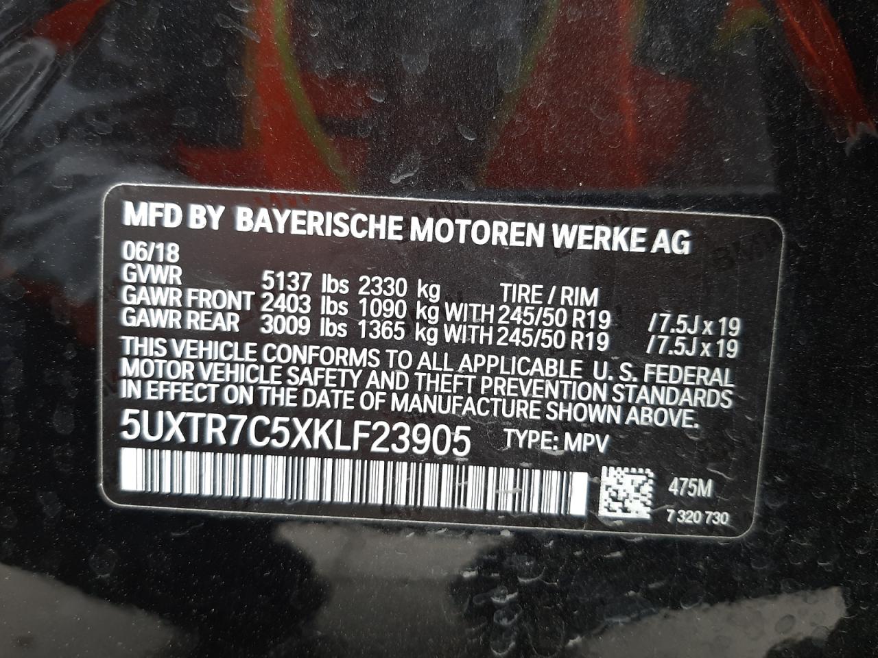 Photo 10 from auction – 2019 BMW X3 SDRIVE3 with VIN 5UXTR7C5XKLF23905