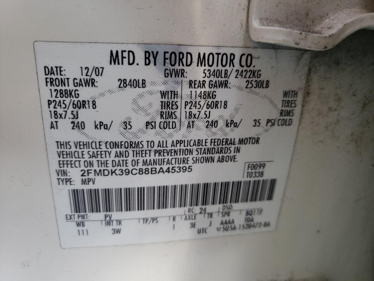 Photo 10 from auction – 2008 FORD EDGE LIMIT with VIN 2FMDK39C88BA45395