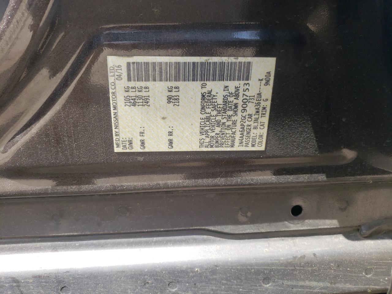 Photo 10 from auction – 2016 NISSAN MAXIMA 3.5 with VIN 1N4AA6AP2GC900753