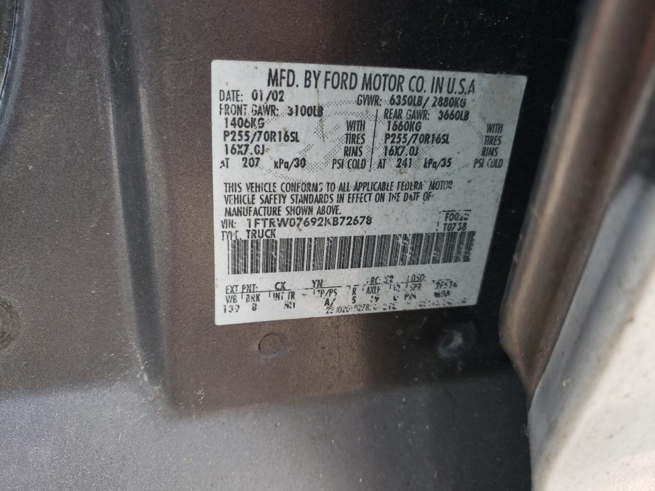 Photo 10 from auction – 2002 FORD F150 SUPER with VIN 1FTRW07692KB72678