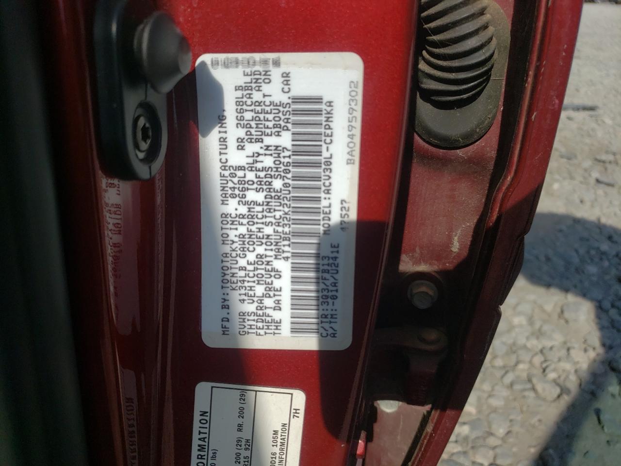 Photo 10 from auction – 2002 TOYOTA CAMRY LE with VIN 4T1BE32K22U070617