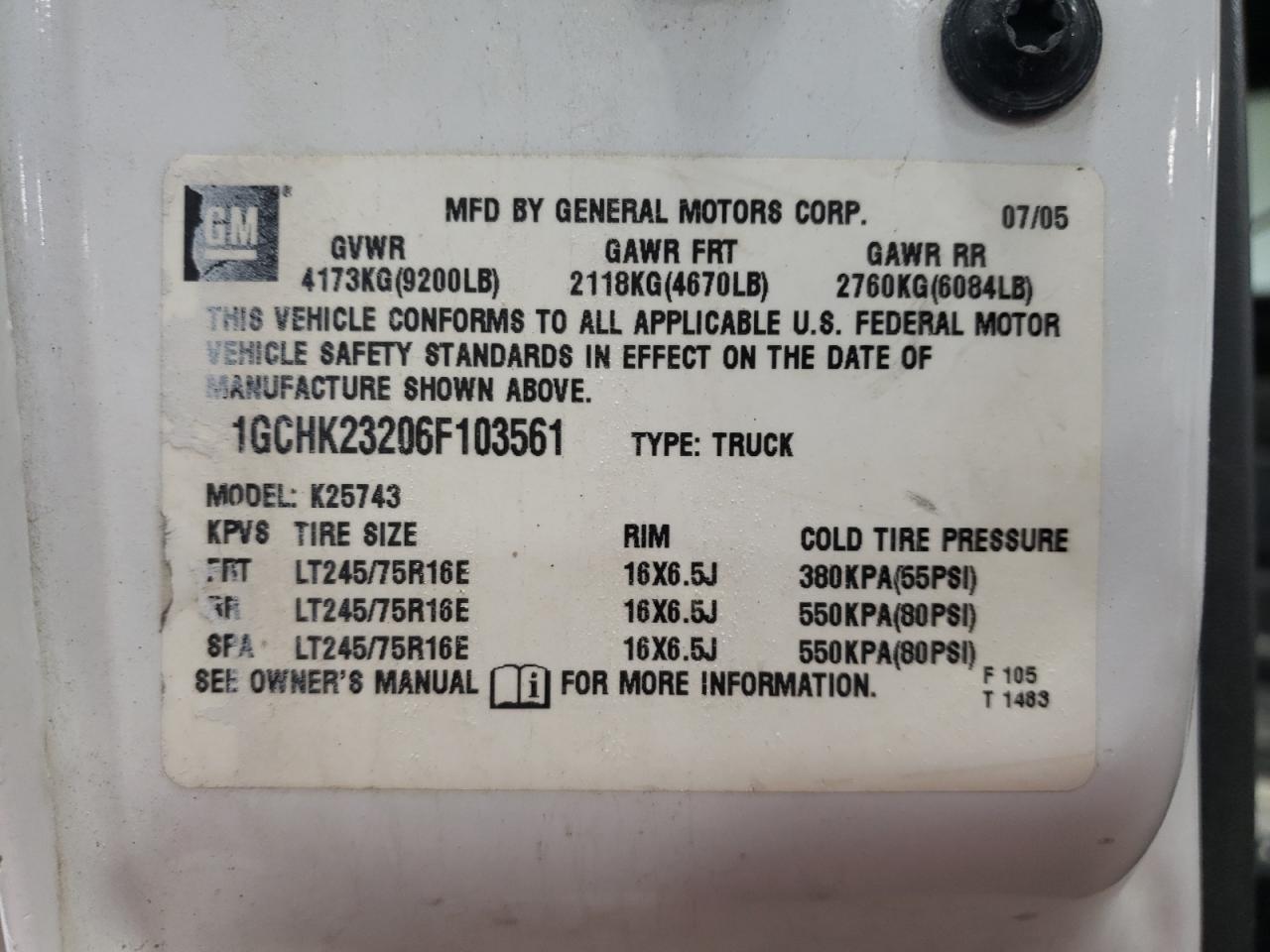 Photo 10 from auction – 2006 CHEVROLET SILVERADO with VIN 1GCHK23206F103561