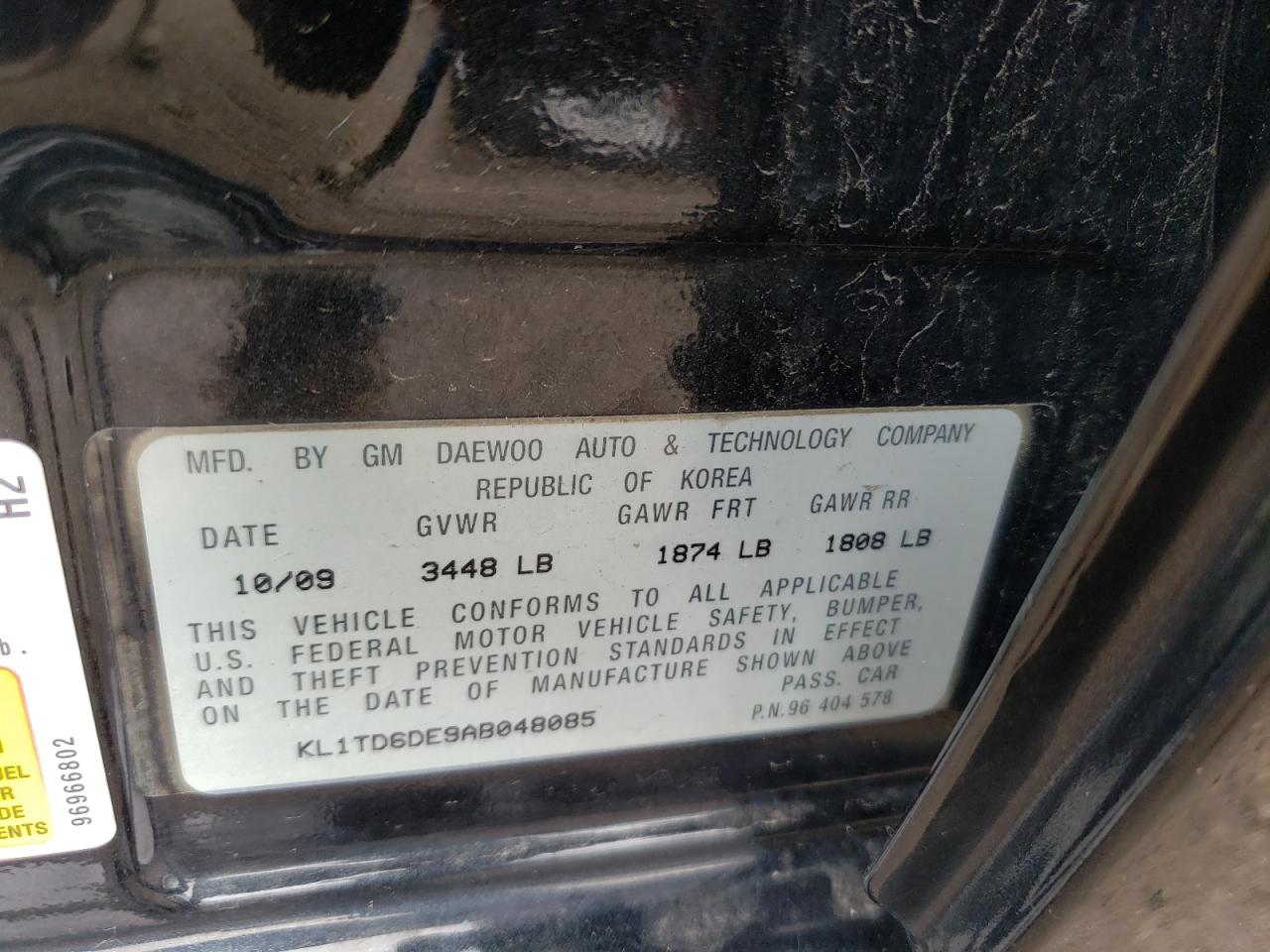 Photo 10 from auction – 2010 CHEVROLET AVEO LS with VIN KL1TD6DE9AB048085