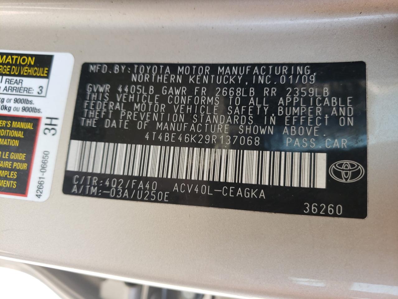 Photo 10 from auction – 2009 TOYOTA CAMRY with VIN 4T4BE46K29R137068